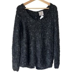 Women's NÜAGE  black metalic sweater long sleeve sequinned V-neck
